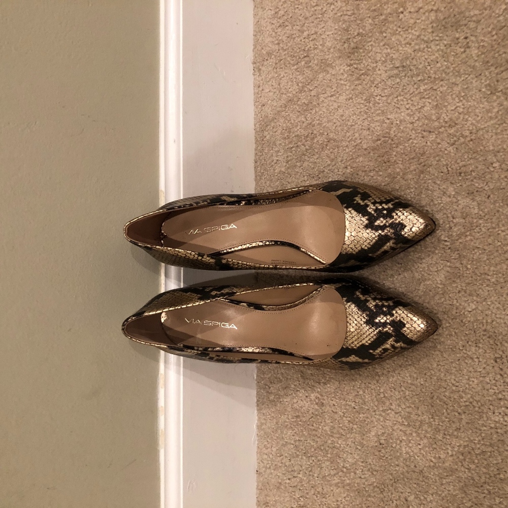 black and gold snake print heels